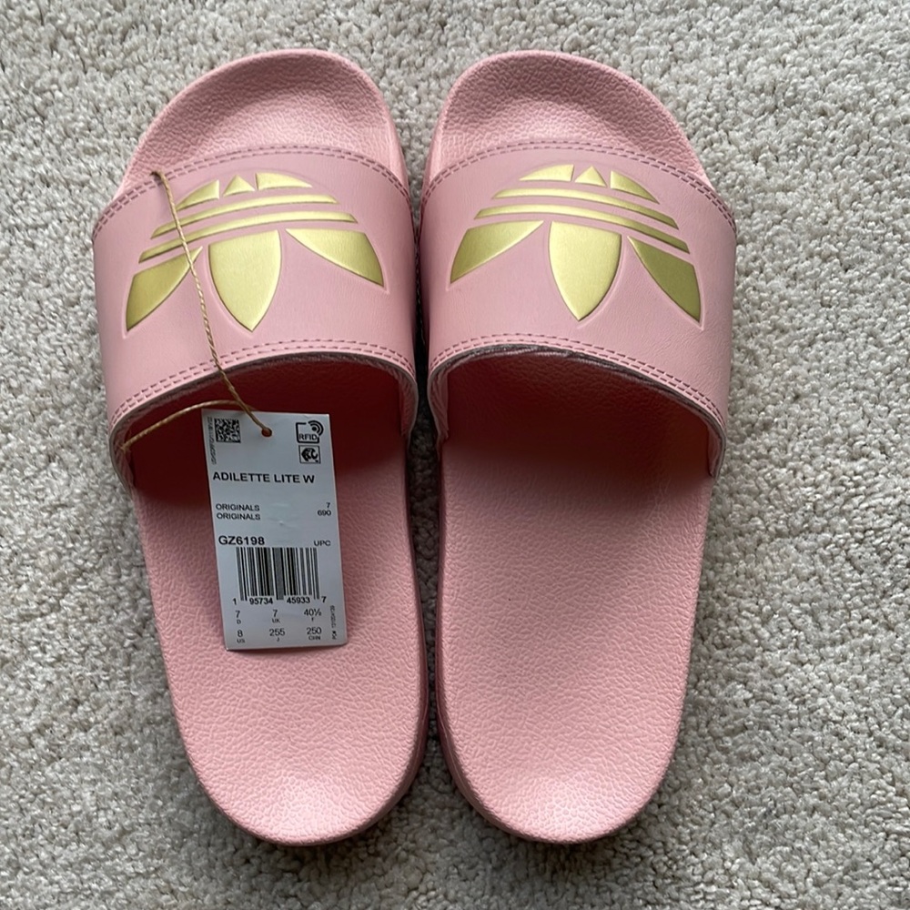 Adidas slides. NWT. Pink/Gold.